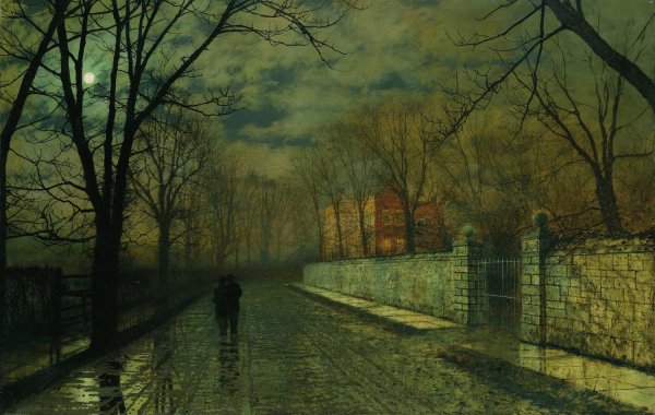 Figures In A Moonlit Lane After Rain by John Atkinson Grimshaw - Hand-Painted Oil Painting Reproduction