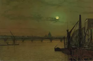 Waterloo Bridge, London, looking east Oil painting by John Atkinson Grimshaw