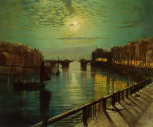 Whitby Harbor by Moonlight Oil painting by John Atkinson Grimshaw
