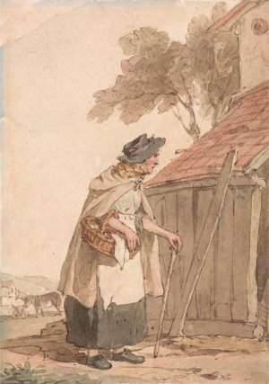 An Old Woman Carrying a Basket by John Augustus Atkinson Oil Painting