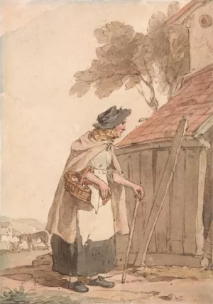 An Old Woman Carrying a Basket by John Augustus Atkinson Oil Painting