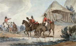 Cavalrymen Passing Through a Stream, Being Mustered by a Trumpeter by John Augustus Atkinson Oil Painting