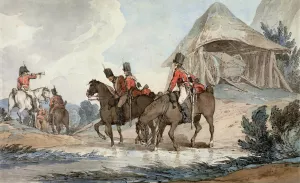 Cavalrymen Passing Through a Stream, Being Mustered by a Trumpeter by John Augustus Atkinson Oil Painting