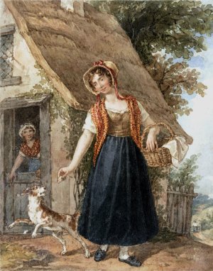 Young Woman with Dog Outside a Cottage Doorway by John Augustus Atkinson Oil Painting