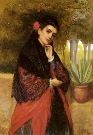 A Spanish Beauty in a Red and Black Lace Shawl by John Bagnold Burgess - Oil Painting Reproduction