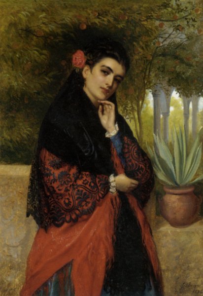 Spanish Beauty in a Lace Shawl by John Bagnold Burgess - Hand-Painted Oil Painting Reproduction