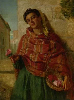 Young Beauty Holding a Rose by John Bagnold Burgess - Oil Painting Reproduction