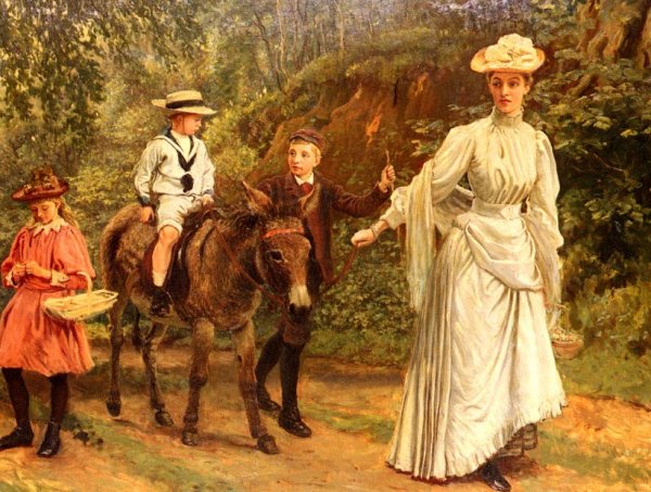 Main Product Photo of A Donkey Ride Along A Woodland Path Painting by John Barwell