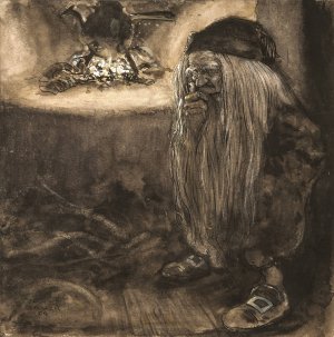 Brownie by a Fireplace by John Bauer Oil Painting
