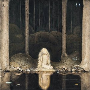 Princess Tuvstarr Gazing Down Into The Dark Waters Of The Forest Tarn by John Bauer Oil Painting