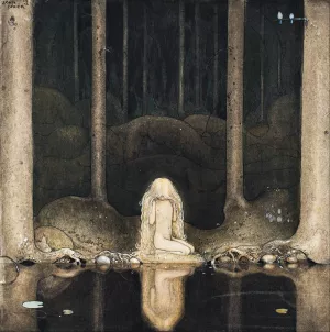 Princess Tuvstarr Gazing Down Into The Dark Waters Of The Forest Tarn by John Bauer Oil Painting