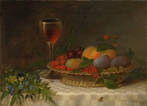 Still Life With A Basket Of Fruit, A Glass Of Sherry And A Bouquet Of Flowers by John Beigel Oil Painting