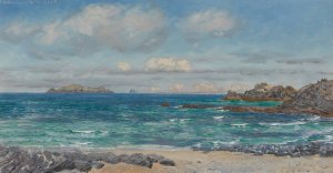 Newtrain Bay and Gull Island, Cornwall by John Brett Oil Painting