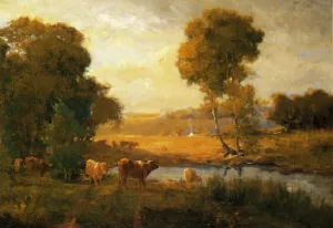 Cows Watering near the Farm by John Carleton Wiggins - Oil Painting Reproduction