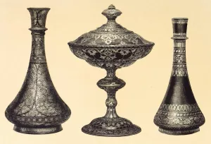 Recent Indian Vases in Oxydised Pewter, Encrusted or Damascened with Silver. Tazza in Wrought Iron, Inlaid with Silver by John Charles Robinson Oil Painting