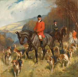 Mr and Mrs Lewis Priestman on hunters with the Braes of Derwent hunt, in a landscape by John Charlton Oil Painting