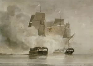 A Drawn Battle Between the French Frigate Arethuse and the British painting by John Christian Schetky