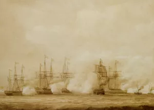 A Naval Action Between the Austrian and the Danes off Heligoland Oil painting by John Christian Schetky