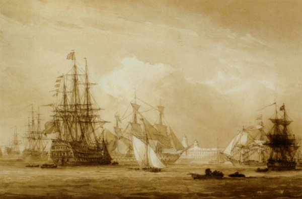 Main Product Photo of MHS Victory and Other Ships in Portsmouth Dockyard Painting by John Christian Schetky