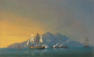 The 18-gun sloop HMS Stork engaging the French brig Cygne and two armed schooners anchored off the Pearl Rock, Martinique, on 12 December 1808 by John Christian Schetky Oil Painting