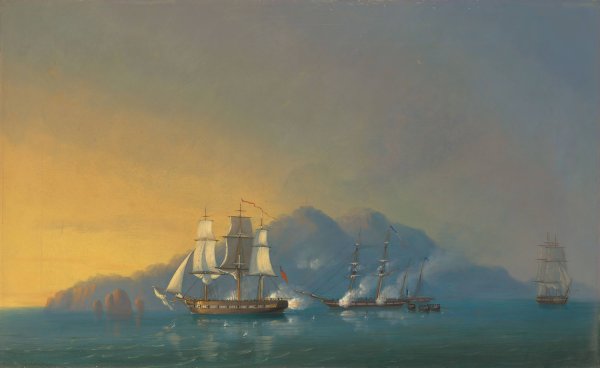 Main Product Photo of The 18-gun sloop HMS Stork engaging the French brig Cygne and two armed schooners anchored off the Pearl Rock, Martinique, on 12 December 1808 Painting by John Christian Schetky