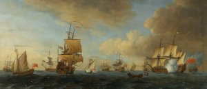 An English Frigate Under Sail Firing A Gun, With Shipping At Anchor And Under Sail by John Cleveley The Elder Oil Painting