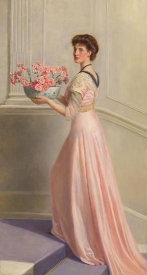 Portrait of a lady in pink carrying a bowl of pink carnations by John Collier Oil Painting