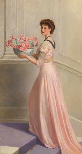 Portrait of a lady in pink carrying a bowl of pink carnations by John Collier - Hand-Painted Oil Painting Reproduction