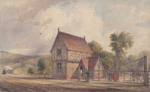 Tudor Style Rural Train Station and Railroad Crossing by John Connell Ogle Oil Painting