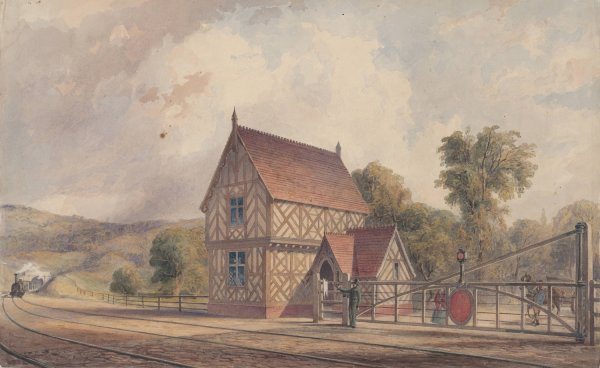 Tudor Style Rural Train Station and Railroad Crossing  by John Connell Ogle - Hand-Painted Oil Painting Reproduction