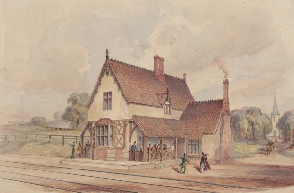 Victorian Rural Train Station and Railroad Crossing  by John Connell Ogle - Hand-Painted Oil Painting Reproduction