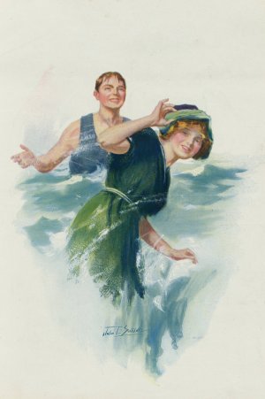 Young man splashing a young woman with water at the beach by John E. Sutcliffe Oil Painting