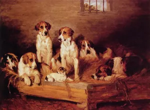 Foxhounds and Terriers in a Kennel painting by John Emms