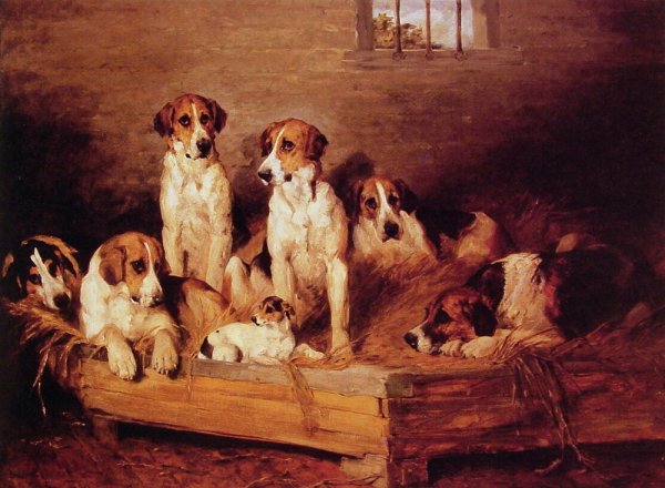 Foxhounds and Terriers in a Kennel by John Emms - Hand-Painted Oil Painting Reproduction