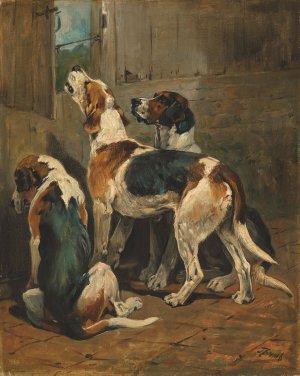 Foxhounds at a kennel door by John Emms Oil Painting