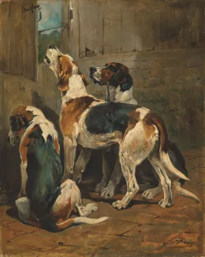 Foxhounds at a kennel door by John Emms Oil Painting