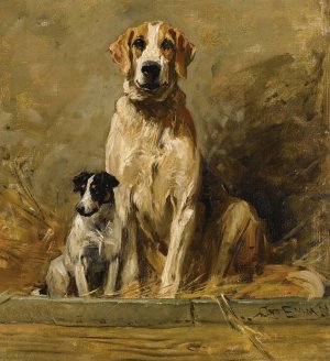 Hound And Terrier In A Kennel by John Emms Oil Painting