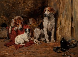 Hounds and a Jack Russell in a stable by John Emms Oil Painting