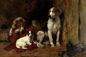 Hounds And A Jack Russell In A Stable painting by John Emms