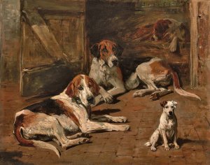 Hounds and a Terrier in a Stable by John Emms Oil Painting