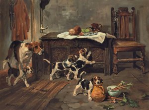 Hounds And Puppies In An Interior by John Emms Oil Painting