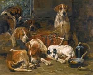 New Forest Buckhounds And A Terrier In Their Lodges After The Hunt by John Emms Oil Painting