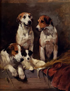 Three Hounds with a Terrier painting by John Emms
