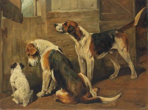 Waiting for the Hunt; a Terrier and Two Hounds by John Emms Oil Painting