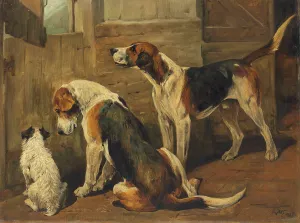 Waiting for the Hunt; a Terrier and Two Hounds by John Emms Oil Painting