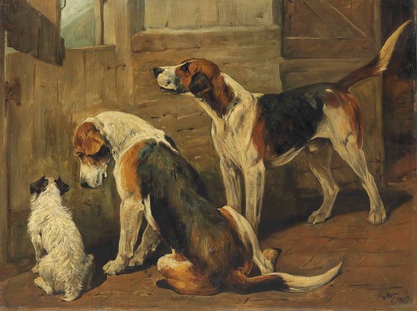 Waiting for the Hunt; a Terrier and Two Hounds by John Emms - Hand-Painted Oil Painting Reproduction