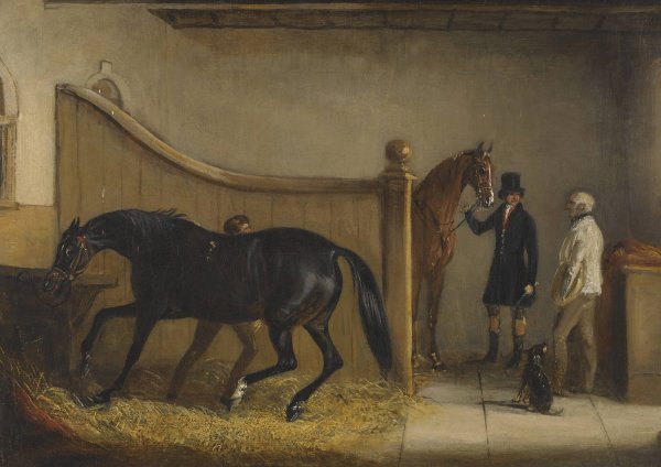A Dark Bay And A Chestnut Hunter with A Huntsman And other Figures In A Stable by John Ferneley - Hand-Painted Oil Painting Reproduction