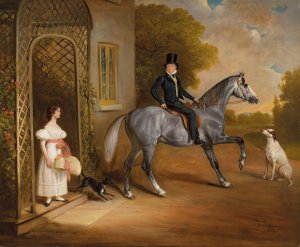 Master John Marriott on a grey horse, with his sister Annis and their dogs outside the Elms, Cropwell Butler by John Ferneley Oil Painting