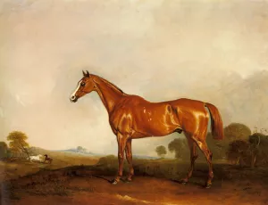 A Chestnut Hunter in a Landscape painting by John Ferneley Snr.