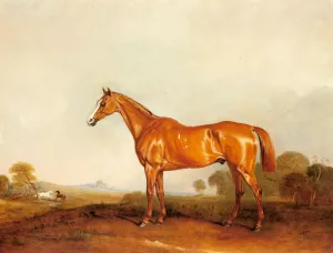 A Golden Chestnut Hunter in a Landscape painting by John Ferneley Snr.